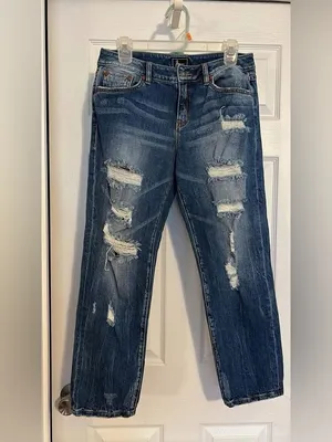 High-Rise Straight Leg Distressed Jeans in Dark Blue thumbnail 2