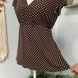 Jtb Brown Polka Dot Babydoll Tie Back Top Flutter Sleeves Cottagecore Dark Fairy thumbnail 3