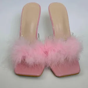 Pink Fluffy Feather PVC Stilletto Mule Heels Size 39 thumbnail 6