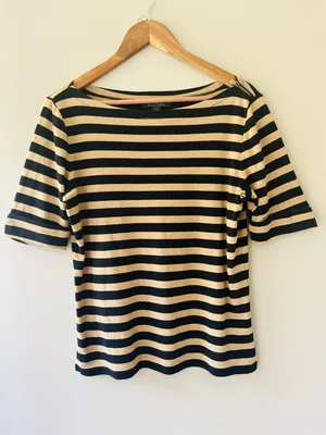 Lauren Ralph Lauren Sz M Gold Black Pullover Blouse Zipper Shoulder detailed thumbnail 2