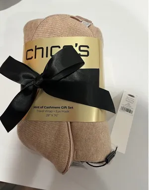Brand New Chicos‎ Hint of Cashmere Gift Set Travel Wrap Sleep Eye Mask tan color thumbnail 1