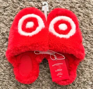 Red fuzzy target slippers with thumbnail 1