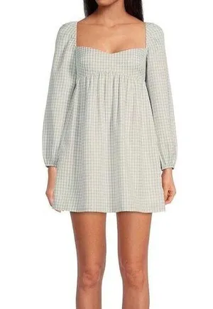 Gianni Bini Gingham Babydoll Dress Green & Ivory Long Sleeve Sz 12 NWT Kennedy thumbnail 1