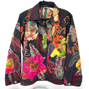CHICO'S M embroidered applique denim button-up jacket blazer Mixed Media Art thumbnail 7