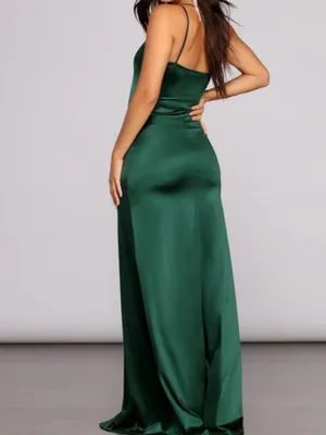 Windsor Emerald Green One-Shoulder Satin Gown with High Slit thumbnail 2