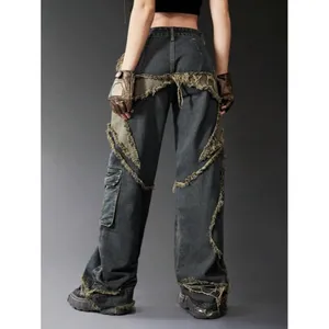 Romwe Punk Star Pattern Raw Trim Flap Pocket Cargo Boyfriend Jeans Denim Small thumbnail 2