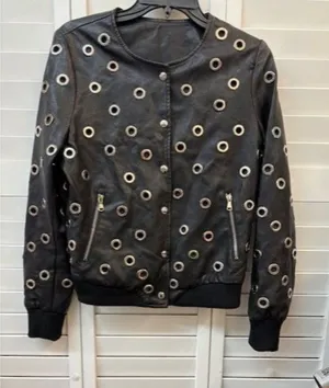 Black Faux Leather Jacket‎ With Grommet Detailing & Snap Closure thumbnail 1