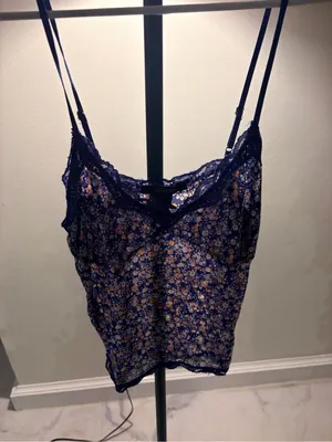 Makeup Forever Navy Floral Satin Lace-Trim Chemise thumbnail 5