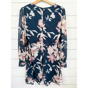 Lulus Mini Dress M Navy Floral Metallic Sheer Long Sleeve Twisted Front V-Neck thumbnail 4