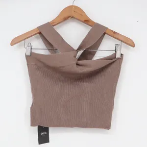 SHEIN Basics Taupe Brown Ribbed Twisted Front Halter Crop Top M thumbnail 6
