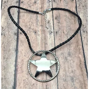 Western Texas Star Brooch Pin Pendant on a Black Faux Cord Collar Necklace 18" thumbnail 1