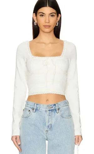 Free People Ivory Lace Trim Square Neck Long Sleeve Crop Top Size Small NEW‎ thumbnail 1
