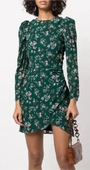 Reformation Juni Long Sleeve Emerald Green Floral Mini Dress Boho Cottage Core 2 thumbnail 1