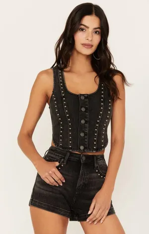 Idyllwind Black Studded Denim Crop Top thumbnail 1