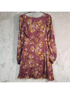 Free People Mini Dress Floral Print Long Sleeve Maroon Size 6 thumbnail 3