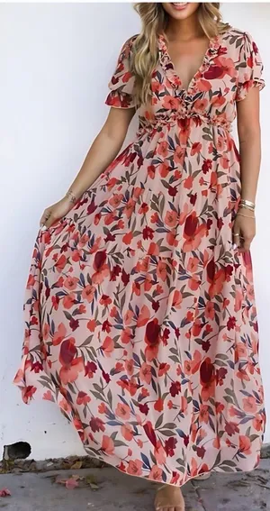 Lg Floral Ruffle V-Neck Maxi Dress in Blush Red thumbnail 1