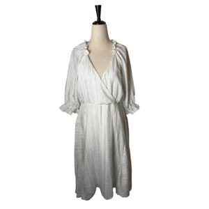 Maison Tara Midi Dress Womens 10 White Striped Excellent Ruffle Wrap V-Neck Puff thumbnail 2