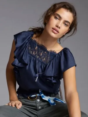 Anthropologie Satin Effect Micro Dot Print Ruffled Blouse thumbnail 1