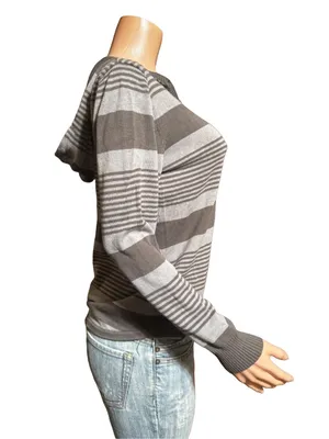 Long sleeve gray stripe half button Henley hoodie sweatshirt top M thumbnail 5
