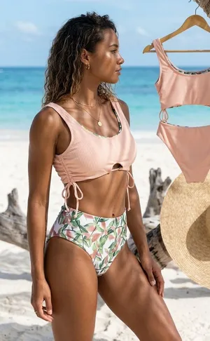 CUPSHE Reversible Ribbed Bikini Set Size S Peach & Leaf Print thumbnail 1