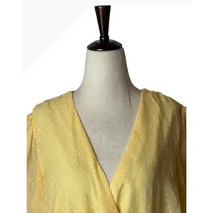 Maison Tara Midi Dress Women 14 Yellow Clip Dot Faux Wrap Puff Sleeve Boho thumbnail 6