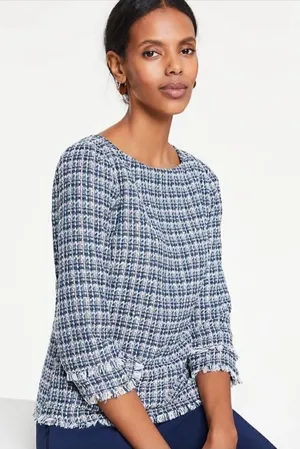 Ann Taylor Tweed Fringe Trim Boatneck Top Shirt‎ Blue White 8 Preppy Nautical thumbnail 1