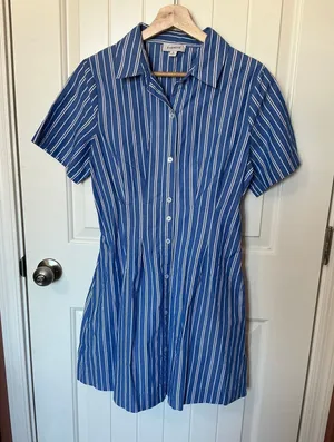 NWOT Evereve Striped Delaney Mini Shirt Dress Medium Blue/White thumbnail 1