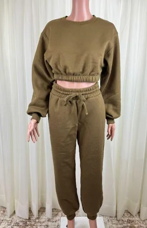 Zenana 2 Pcs Crop Top Tracksuit Jogger Pants Set Outfit Workout Active Lounge Olive Green Size Large thumbnail 2