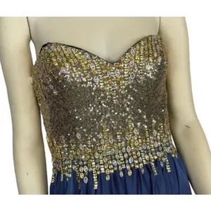 2000s Glow Dress Blue Chiffon Beaded Prom Gown Gold Sequin Formal Strapless S thumbnail 13