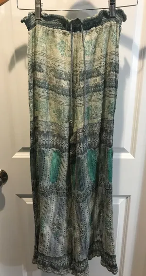 Free People Boho ElasticWaist Drawstring Green-Multi Color Pants EUC thumbnail 1