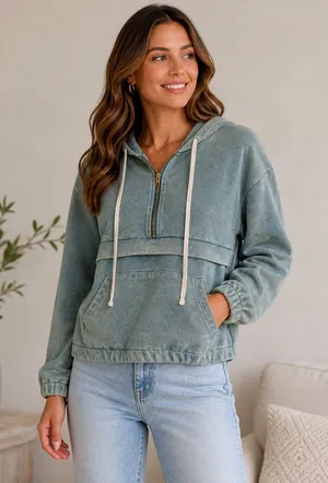 POL Washed Half-Zip Hoodie Kangaroo Pocket S Teal Boho Lounge Cozy‎ thumbnail 1