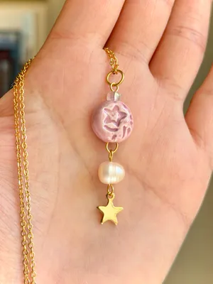 Handmade pink porcelain star coin bead boho retro whimsy fairy necklace⭐️🩷 thumbnail 4