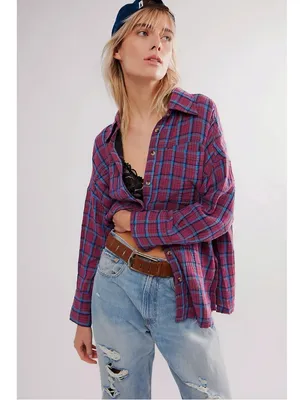 Free People Oversized Bohemian Grunge Fall Cardiff Plaid Swing Top Shirt Medium thumbnail 6