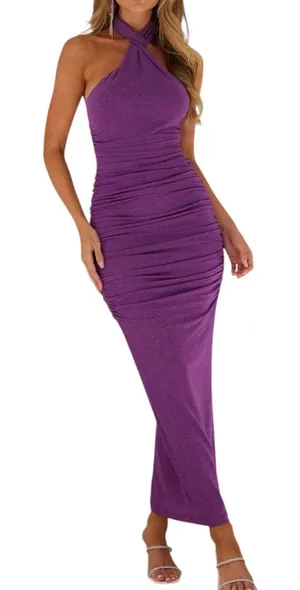 NWT Hello Molly Fabulous Spark Halter Glitter Maxi Dress Purple Women’s Size 8 thumbnail 1