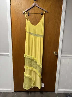 ASOS Cami Strap Lace Panel Maxi Dress Ruffle Detail Pastel Butter Yellow 12 NEW thumbnail 13