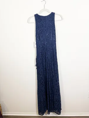 NWT Alex Evenings Sequin Ruched Ruffle A-Line Gown Maxi Dress Navy Blue Size 6 thumbnail 4