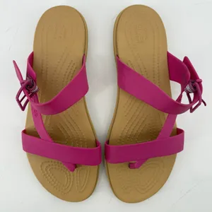 Crocs Tulum Toe Post Sandal Flip Flop Fuchsia Pink Tan Women 8 Buckle Straps thumbnail 3
