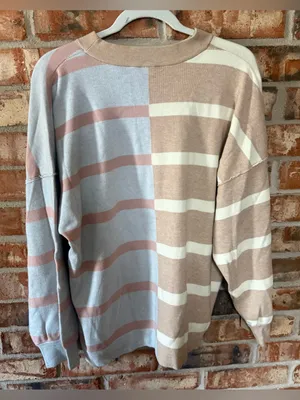 Women's Two-Tone Striped Crewneck Sweater - Beige & Light Blue thumbnail 3