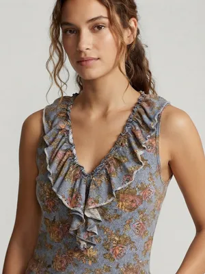 LAUREN JEANS CO. Ralph Lauren Floral Ruffle V-Neck Tank Top M 18” p2p Blue Multi thumbnail 1