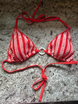 Wild Fable red and white striped crochet triangle bikini top thumbnail 1