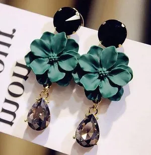 Women's Green Flower Crystal Teardrop Dangle Drop Earrings thumbnail 1