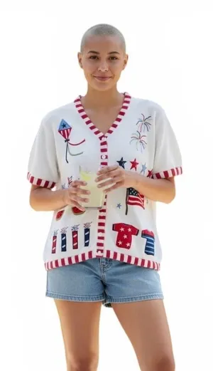 Quacker Factory Costal Grandma America Patriotic Cardigan Sweater M Stars Flags thumbnail 1