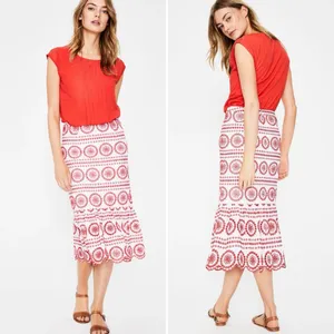 Boden Broderie Embroidered‎ Scalloped Lined Hem Midi Skirt Red White Size 2P thumbnail 2