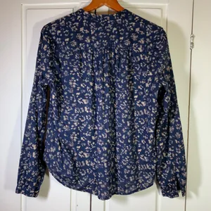 Gap Navy Blue Tan Abstract Print Shirred‎ Popover Cotton Blouse Medium Church thumbnail 9
