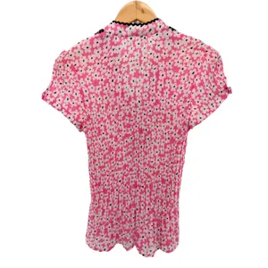 Dressbarn Pink Floral Pleated‎ Ruffle Button Blouse Romantic Cottagecore M thumbnail 7