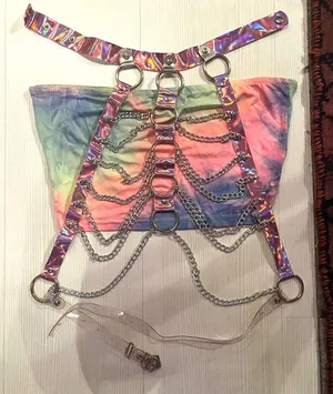 Dolls Kill Pink metallic chain harness and rainbow tube top thumbnail 1