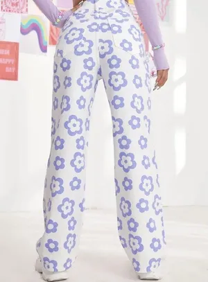 SheIn Purple Floral White Denim High Waisted Pants thumbnail 2