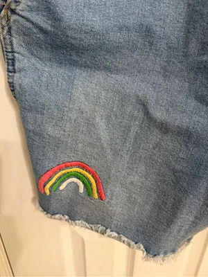Denim Rainbow Stripe queen embroidered Overalls cut off Shorts women’s size XL thumbnail 6