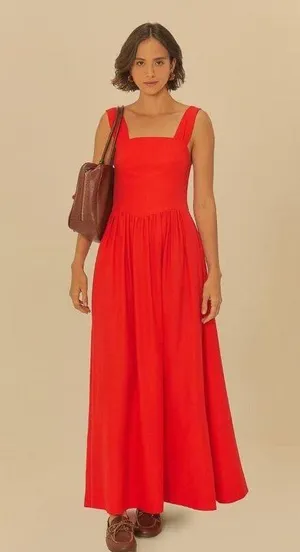 NWT Farm Rio Stretch Linen Blend Cami Maxi Dress Size S Classic RED thumbnail 3
