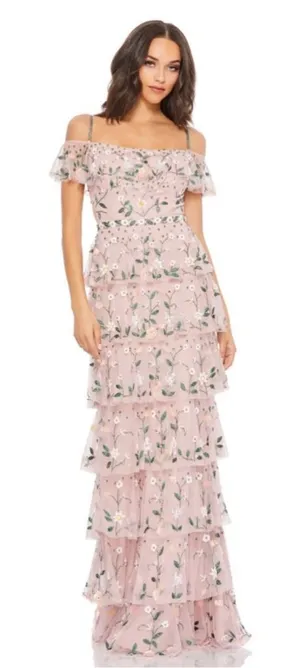 Mac Duggal 9069 Mauve‎ Off Shoulder Floral Embroidered Ruffle Tiered Gown NWT 10 thumbnail 1